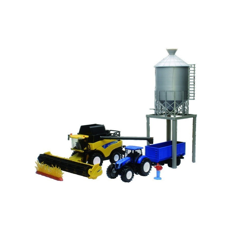 Tracteur avec remorque, silo et moissonneuse New Holland CR9090